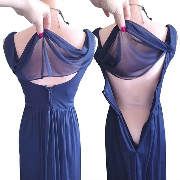 David's Bridal Marine Blue Long Mesh Cowl Back Sleeveless Formal Dress Size 2 - Picture 10 of 15